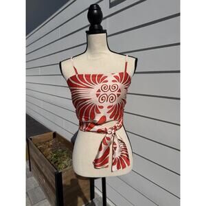 NWT Orange Satin Floral Cropped Cami Top Tie Back Lg Boho Festival Wrap Tank